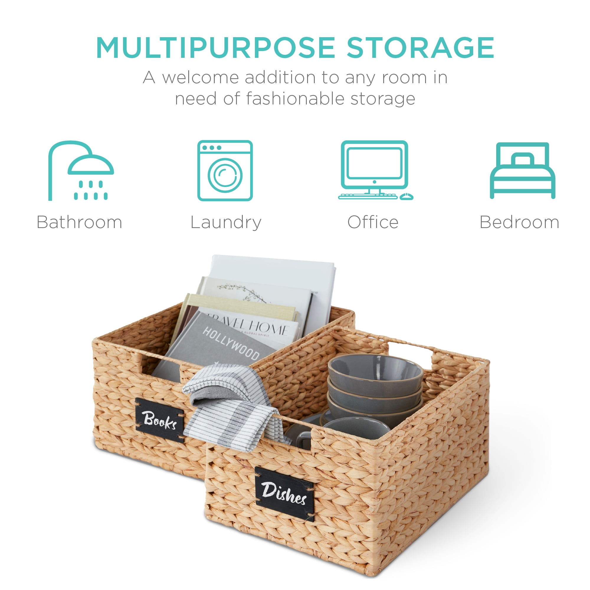 Best Choice Products Set of 2 16in Woven Water Hyacinth Pantry Baskets w/ Chalkboard Label, Chalk Marker - Natural