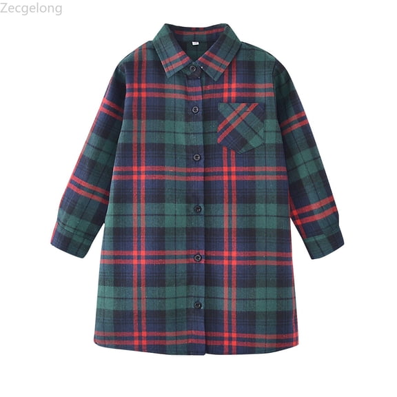 Zecgelong Girls Toddler Plaid Pleated Mini Dress Button Down Plaid Flannel Shirts Long Sleeve Casual Dress Size 18-24 Months