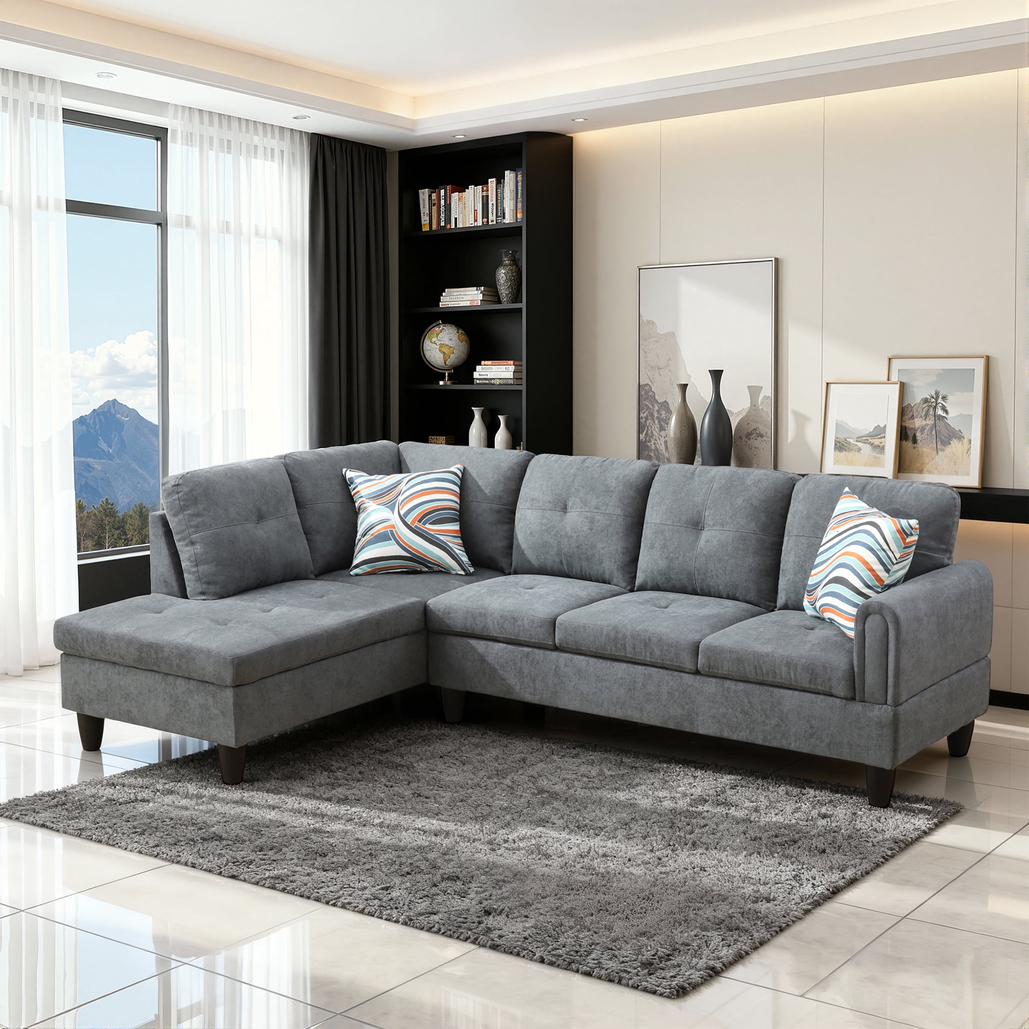 MAYEERTY 97" Modular Couches Fluffy Fabric Sectional Sofa Set for Living Room with Reversible Chaise without Ottoman, Dark Grey (Right)