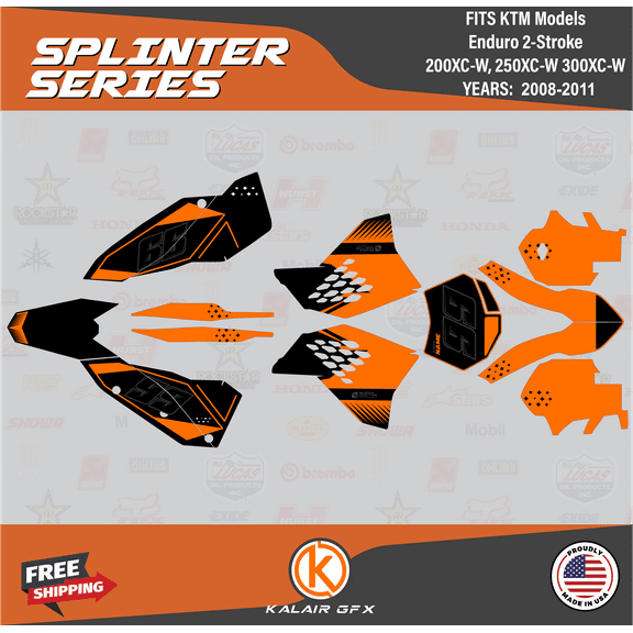 Kalair GFX Graphics Kit for Ktm ENDURO 2-STROKE 200 XC-W, 250 XC-W, and 300 XC-W (2008-2011) Splinter Series