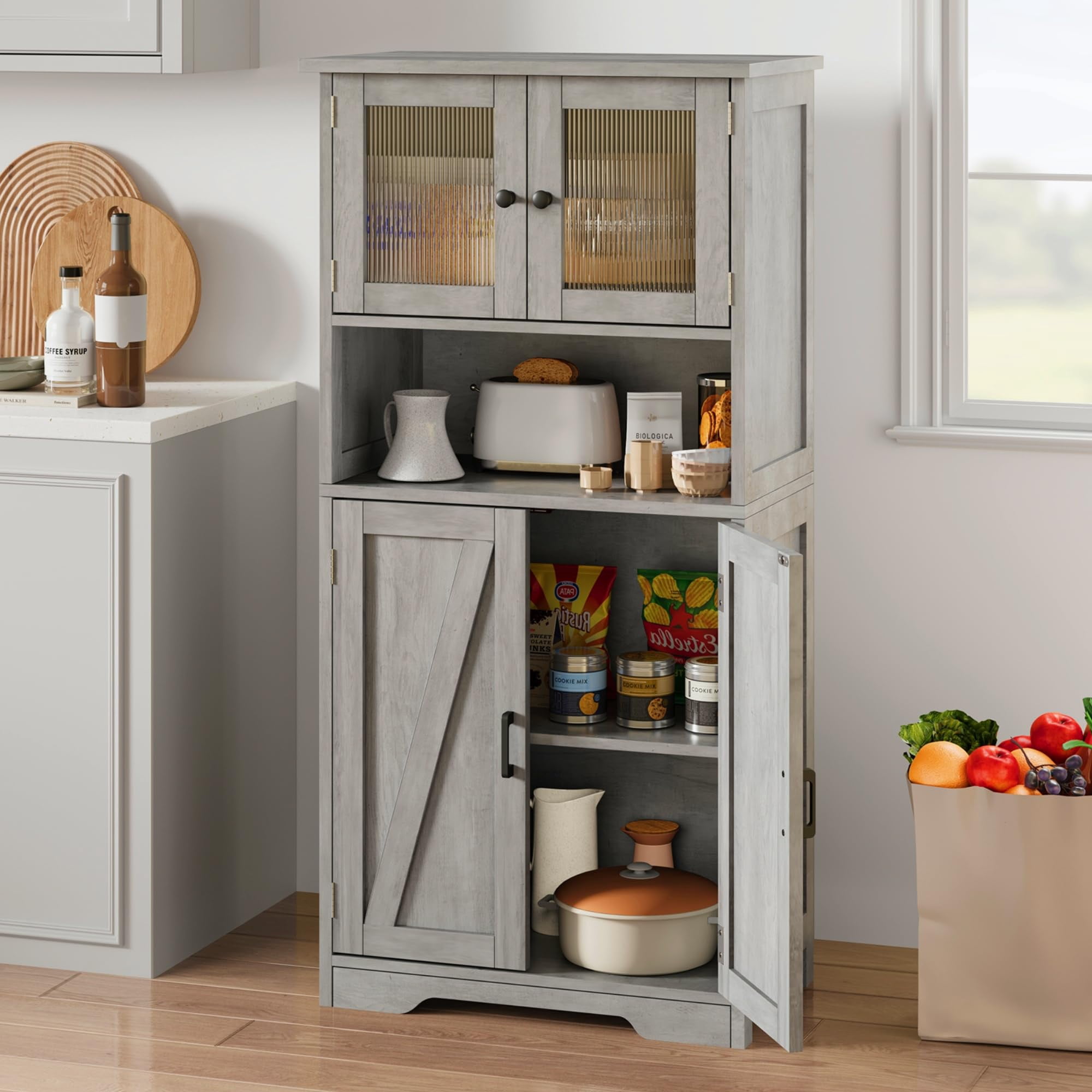 50" Tall Bathroom Cabinet, Freestanding Bathroom Storage Cabinet with 4 Doors and Adjustable Shelves, Cupboard Modern Storage Cabinet for Kitchen, Pantry, Living Room, Rustic Gray