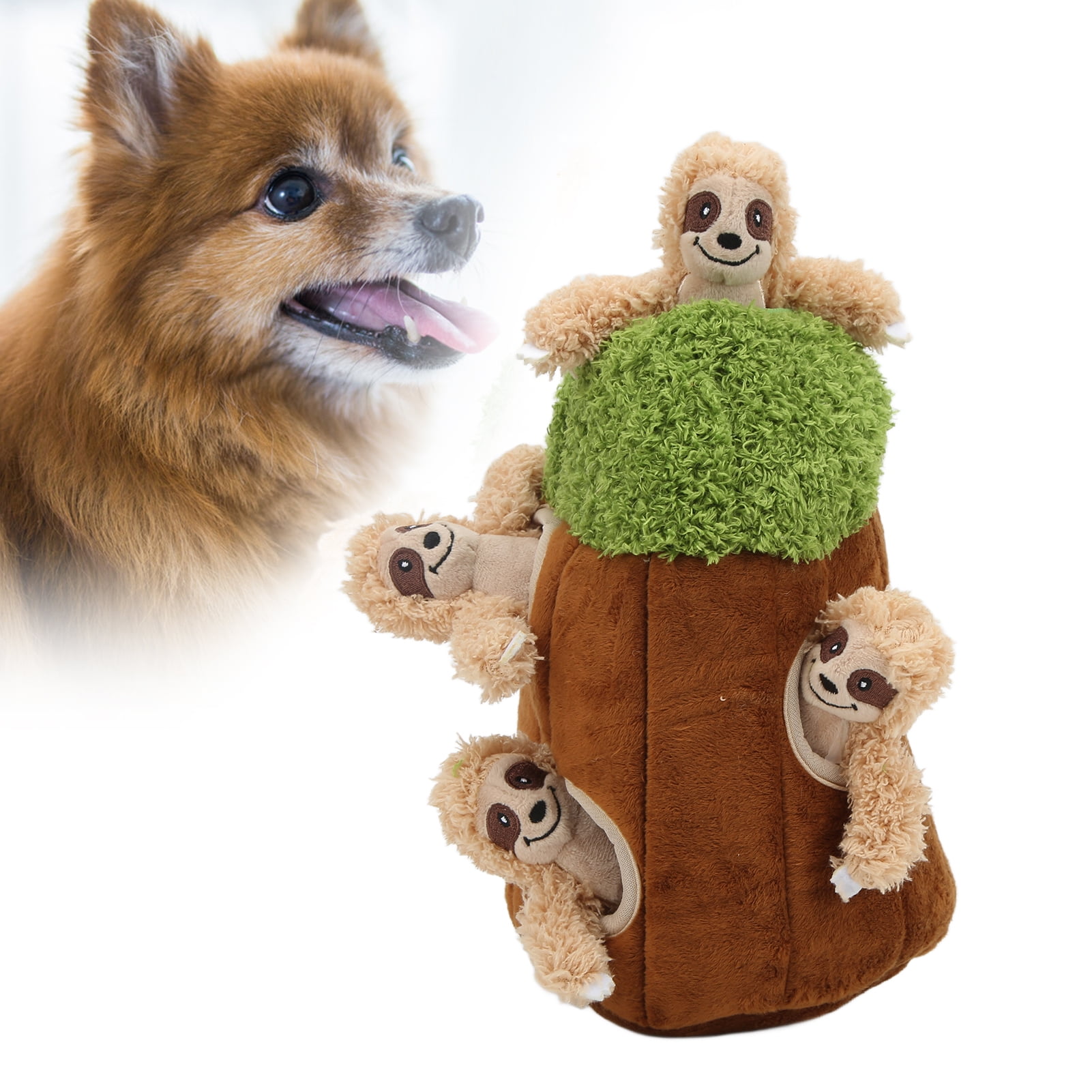 Riousery Interactive Hide and Seek Plush Dog Toy, Squeaky Little Sloth in Tree Hole Puzzle, 5-Piece Set (6.7 x 10.2 inches / 17 x 26 cm)