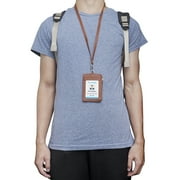 Muka ID Badge Holder with Zip, 2-Sided Vertical PU Leather with Zipper Pocket and Leather Lanyard-Blue