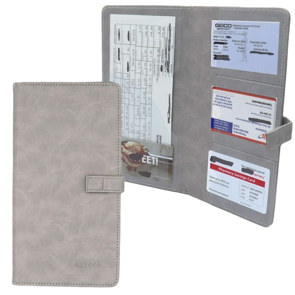 Organisateur Porte-Documents d'Immatriculation de Voiture DMV, Formalités d'Assurance Auto, Rangement pour Cartes de Crédit Cadeaux, Étui Portefeuille en Cuir PU de Qualité Supérieure pour Automobile Camion VUS, Boîte à Gants, Console et Présentateur de Chèques (Gris)