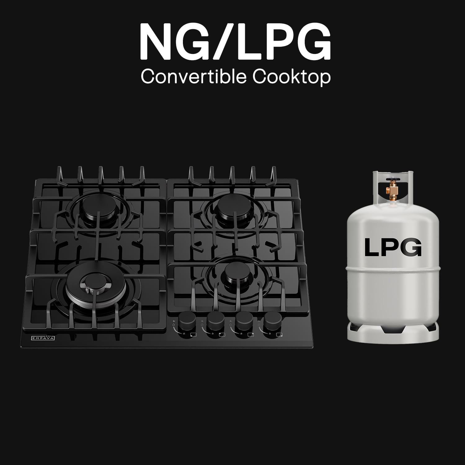 Empava 24 in. Gas Stove Cooktop 4 Italy Sabaf Sealed Burners NG/LPG Convertible Tempered Glass in Black EMPV-24GC28