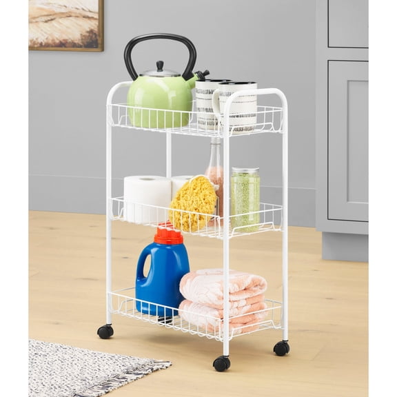 Whitmor 3-Tier Rolling Metal Wire Utility Cart - Multi-Purpose Household Organizer, White