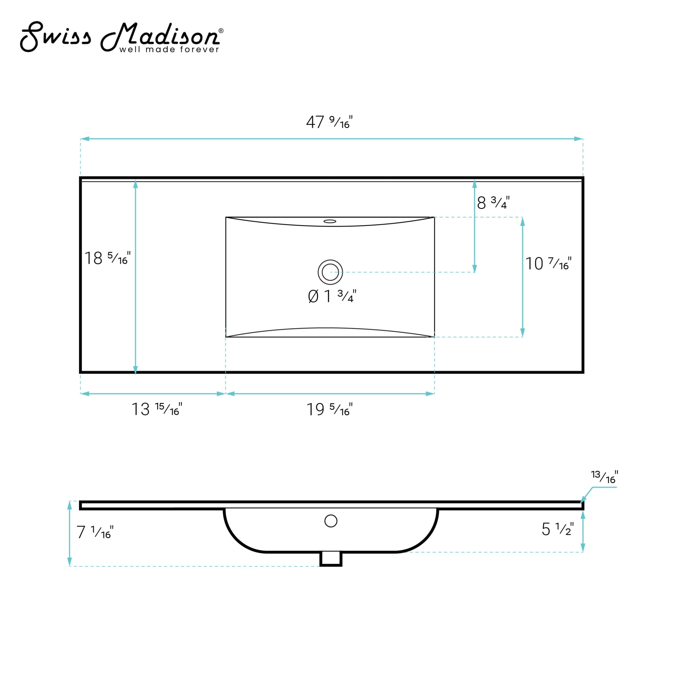 48" Zero Hole Vanity Sink Top in Matte Black