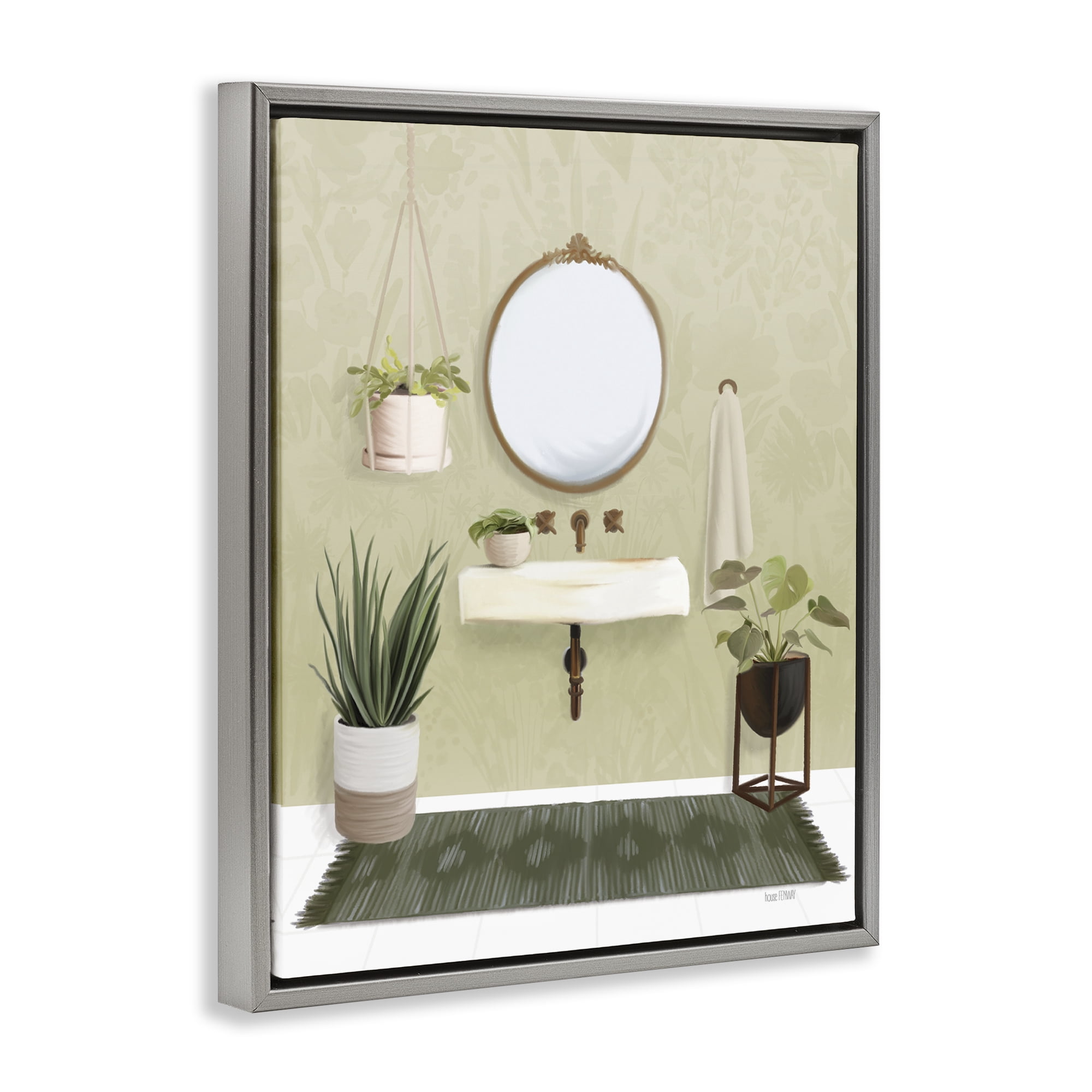 Stupell Industries Soothing Bathroom with Plants Bath & Laundry Painting Gray Floater Framed Canvas Art Print Wall Art, 25 x 31