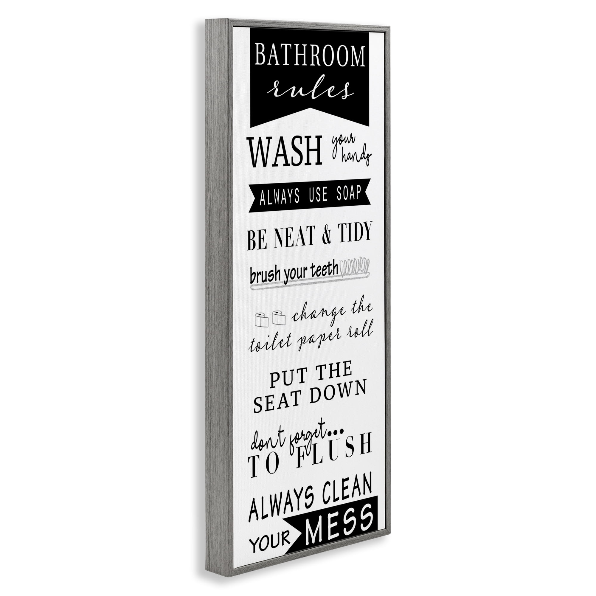 Stupell Industries Black Bathroom Rules Typography Painting Gray Framed Art Print Wall Art, 13 x 30