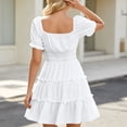 thumbnail image 6 of Dvprdro Womens Solid Open Neck Short Puff Sleeve Smocked Waist Tiered Ruffle Hem A Line Mini Dress Casual, 6 of 10