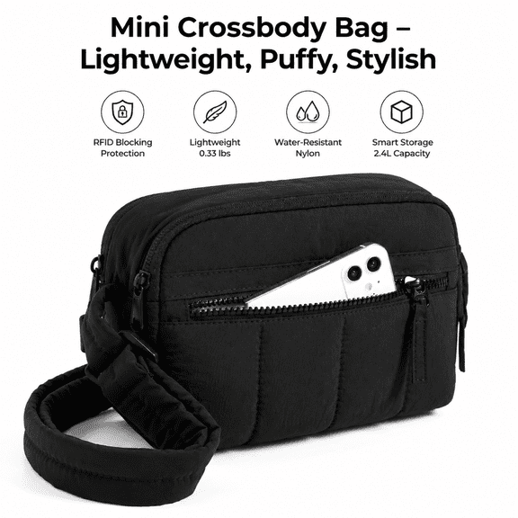 Mini Crossbody Bag for Women, Small Travel Shoulder Purse with RFID Blocking Card Slots, Lightweight Nylon Phone Wallet Handbag, Black