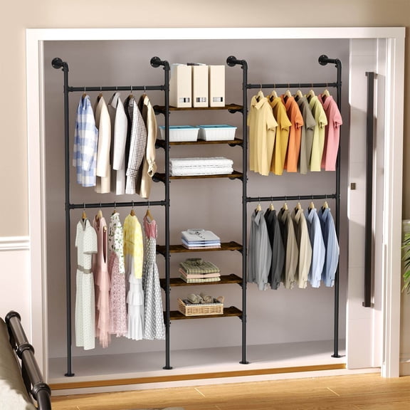 Coat Racks Industrial Pipe Clothing Racks, Wall Mounted Clothing Rack,Heavy Duty Garment Rack Closet Wardrobe Rack with Shelves,Closet Clothes Rack,Walk-in Pipe Closet System,Metal Coat Racks