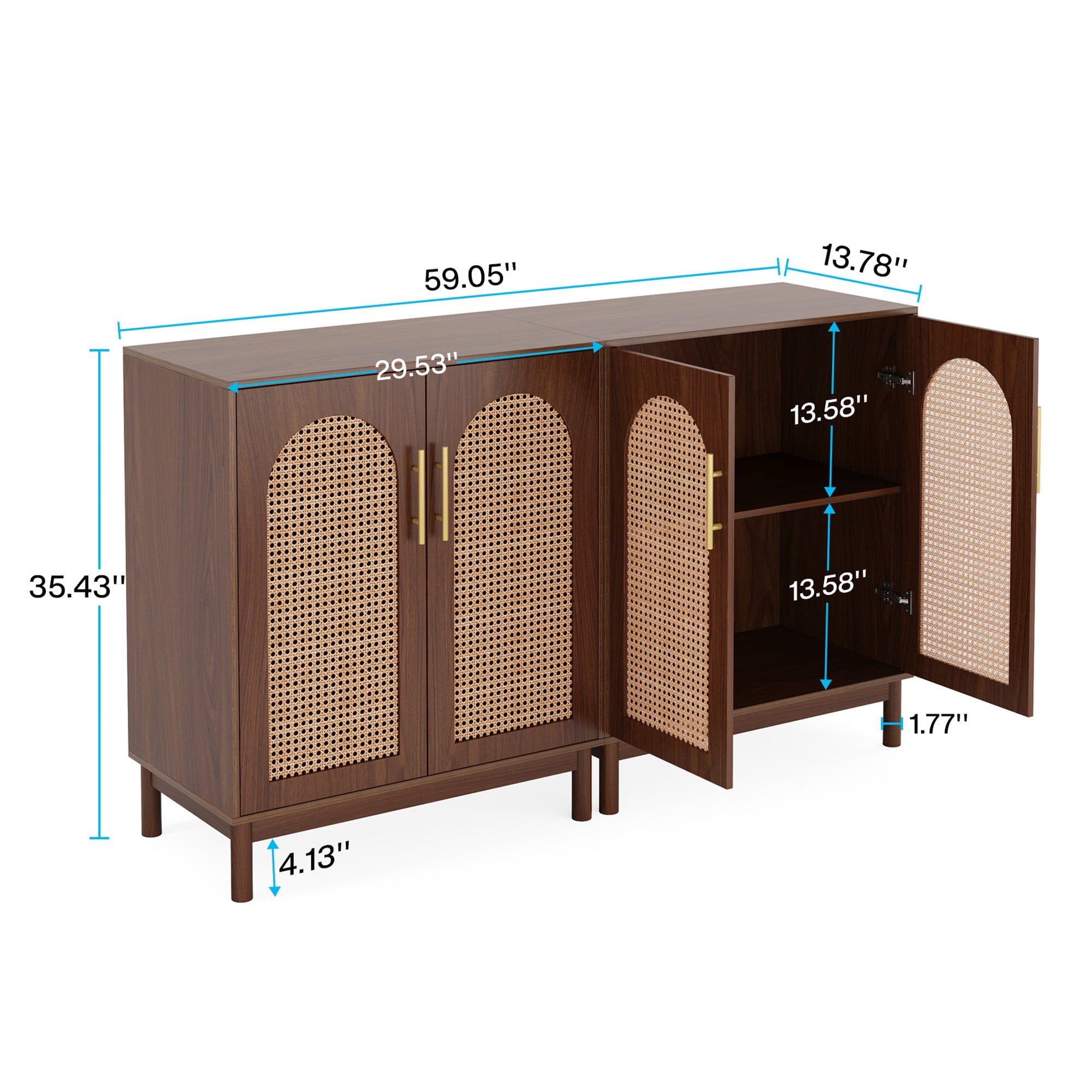 MAYEERTY Set of 2 Rattan Sideboard Buffet Cabinet, Handmade Natural Rattan Door Storage Credenza, MDF Wood Coffee Bar TV Console for Dining Living Room