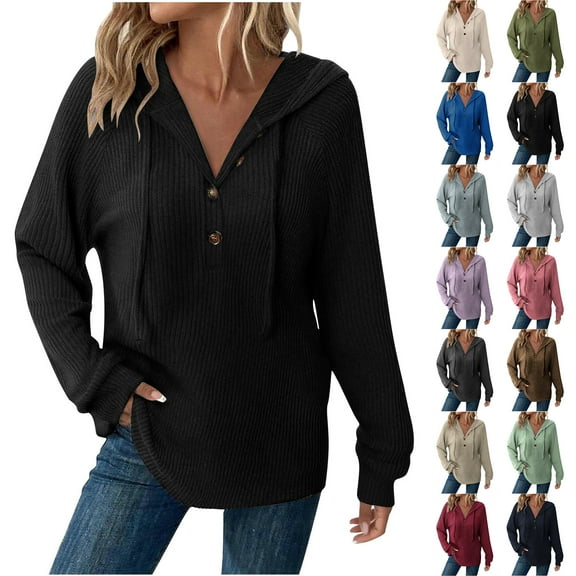 Otntypg Hoodies for Women Waffle Knit Long Sleeve Drawstring Button V Neck Henley Shirts Lightweight Casual Pullover Sweatshirt Cozy Hooded Outwear Tops Navy S