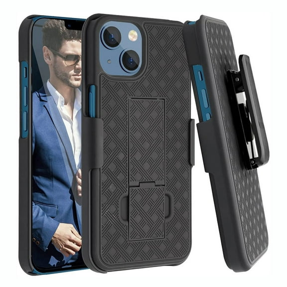 Holster Case Belt Clip for iPhone 13 - Swivel Cover Kickstand Armor Combo Drop-Proof Defender Protective Black E6G