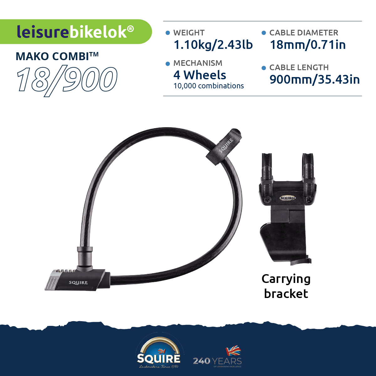 Mako&trade;  Bicycle Integrated Cable Lock | Mako Combi 18/900