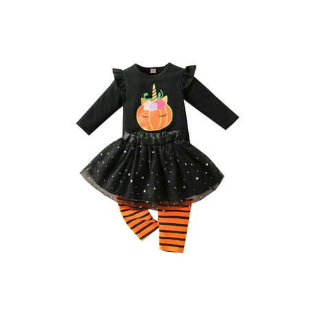

Girls Halloween Clothes Set Black Round Collar Pullover Leggings and Yarn Skirt