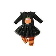 Kuriozud Girls Halloween Clothes Set Black Round Collar Pullover Leggings Yarn Skirt