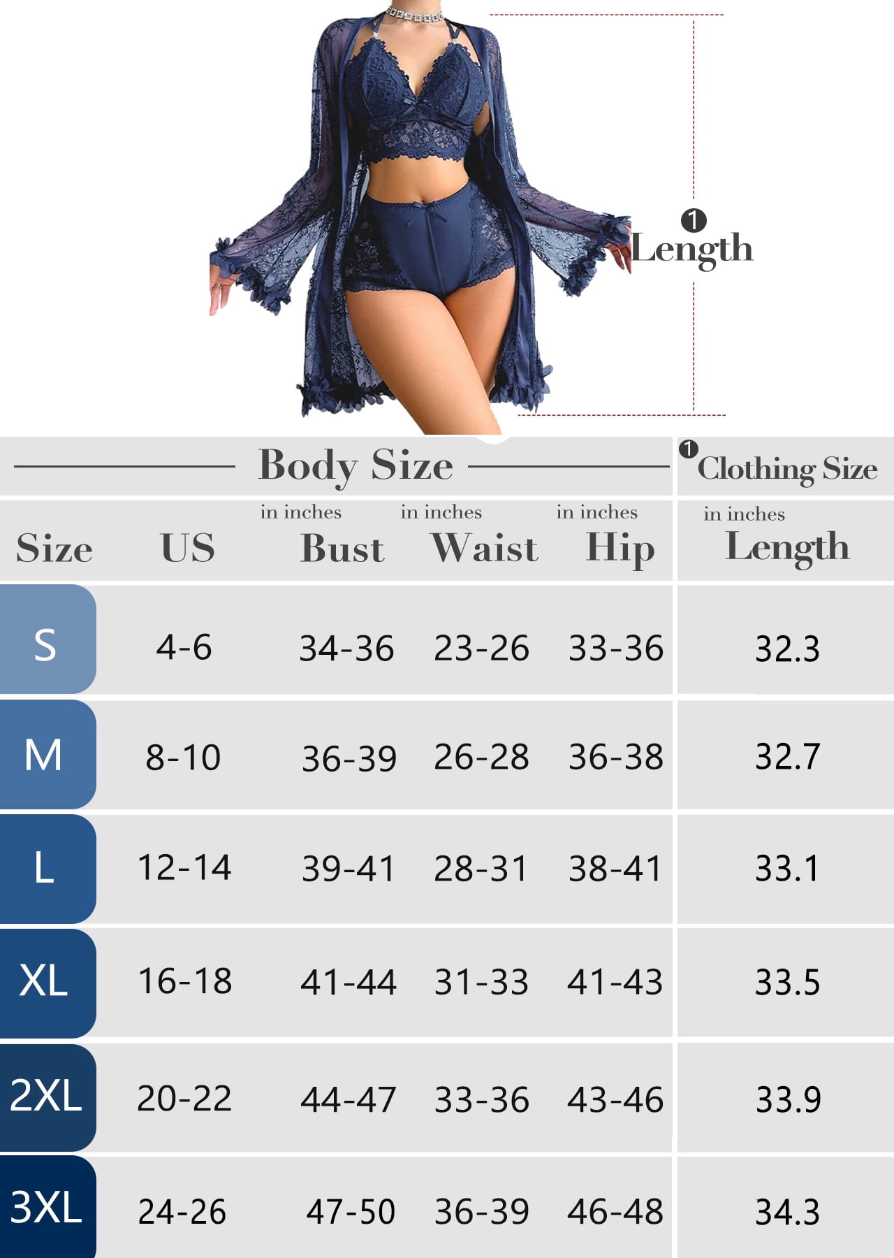 SHOWMALL Women Lingerie Sexy Babydoll Set Lace Chemise Nightgown, 3-Piece Lingerie with Robe Navy Blue 2X