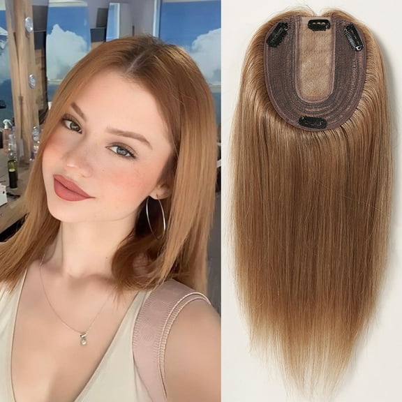 Light Brown Human Hair Toppers Middle Part Topper Silk Base Clips in Straight 10inches Human Hairpiece Extensions for Women