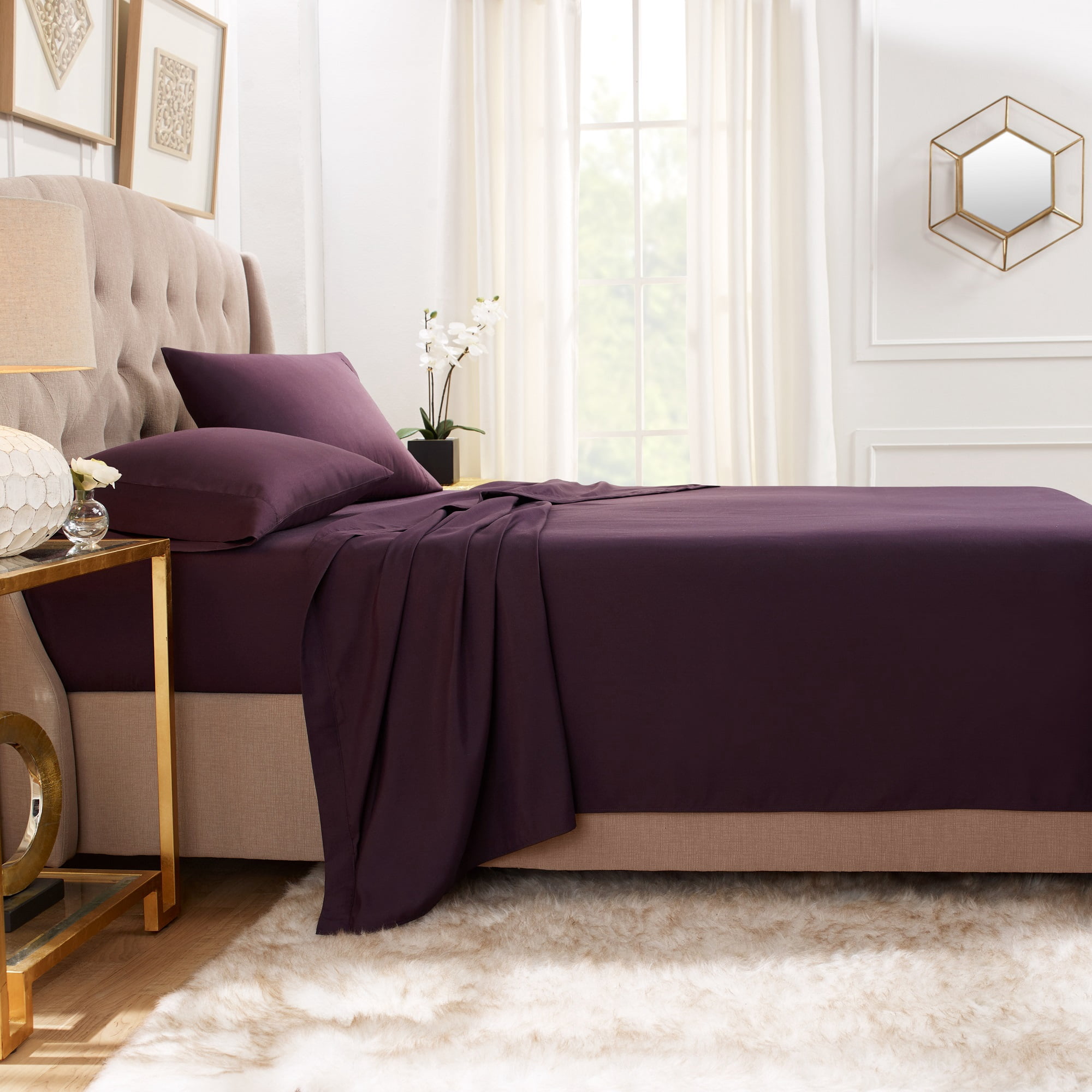 Hearth & Harbor Deep Pocket 5 Piece Solid Bed Sheet Set, 1800 Thread Count Microfiber Sheets, California King, Eggplant