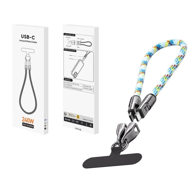 Cable de carga de 240 W tipo C a C, pulsera portátil, carga rápida de 5 A, transferencia de datos, correa de nylon trenzada para muñeca, para teléfono y portátil, 30 cm