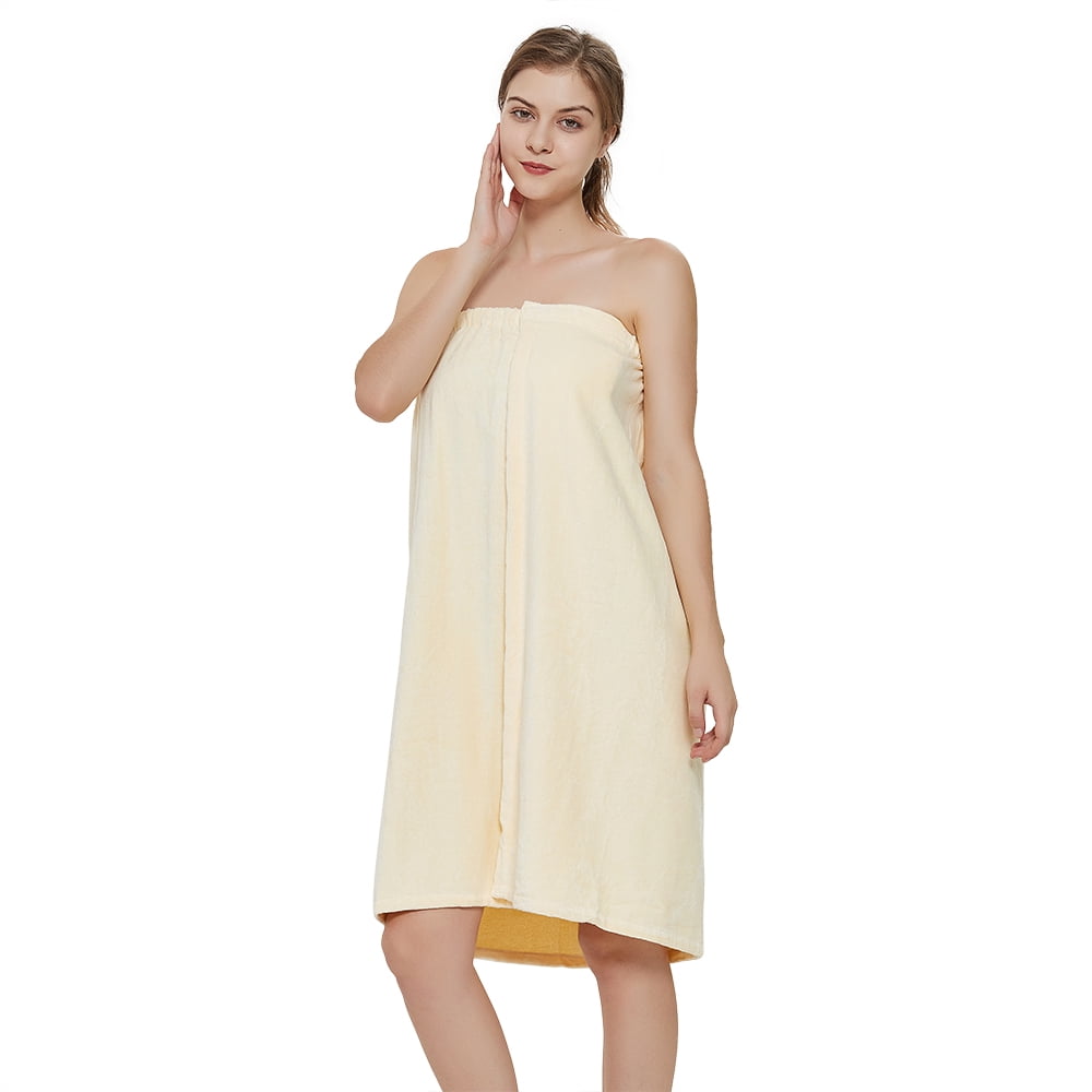 Toptie Women's Cotton Terry Spa Shower Bath Towel Wrap-Light Yellow-S/M