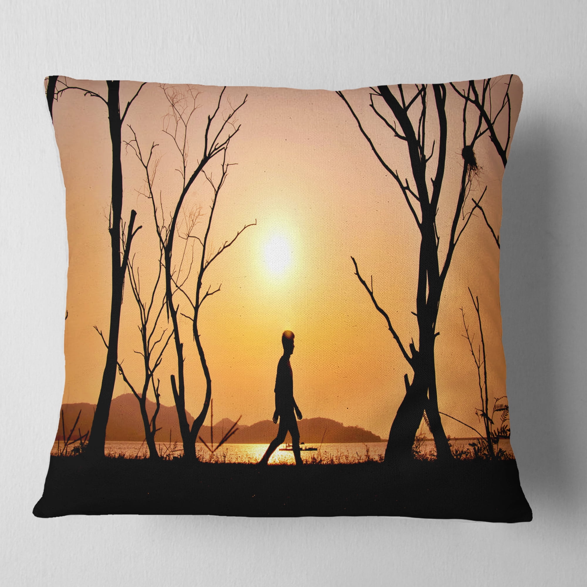 Designart Man Walking Alone in Evening - Landscape Photography Throw Pillow - 18x18