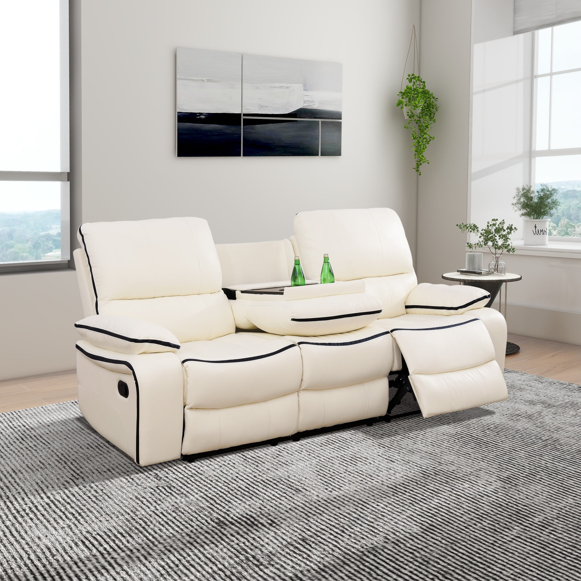 Gewnee 3-Seat Smart Sofa, Air Leather & Solid Wood Frame, Flip-Up Center Seat with Cup Holder, Adjustable Recline for Living Room, Off-white