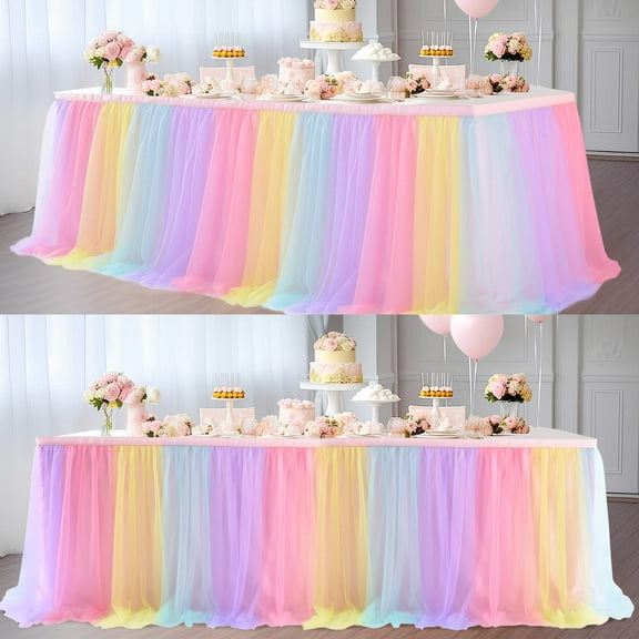 2 Pack 6ft Rainbow Table Skirt for Birthday Party Tulle Table Skirt for Baby Shower Girl Boy Gender Reveal Rainbow Tablecloth