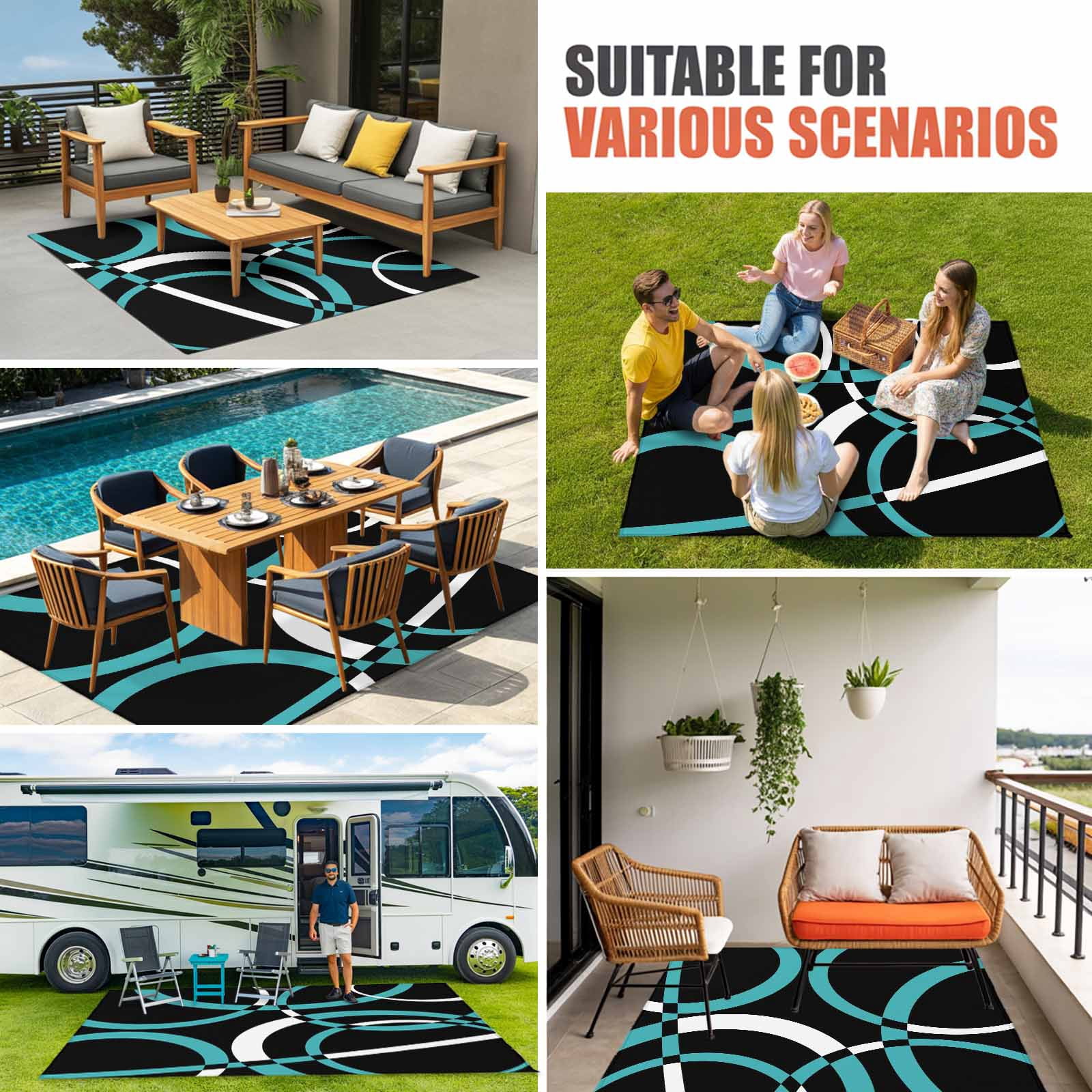 Turquoise Geometric Outdoor Rug for Patio/Deck/Porch, Non-Slip Large Area Rug 5 x 7 Ft, Modern Abstract Aesthetic Striped Art Indoor Outdoor Rugs Washable Area Rugs, Camping Rug Carpet Runner