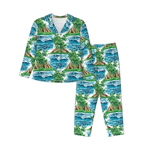 Balery Hawaii Palms Conjunto de Pijama con Estampado para Mujer, Conjunto de Dos Piezas con Manga Larga, Ropa de Dormir Suave con Bolsillos, Pijamas Cómodos-Small