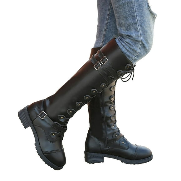 Amzcrzy Knee High Boots Women Large Knight Boots Low Heel Flat Bottom Round Head Belt Buckle Strap Boots Thigh High Boots Women's Boots Boots for Women Ladies Boots Women's Shoes Women Footwear