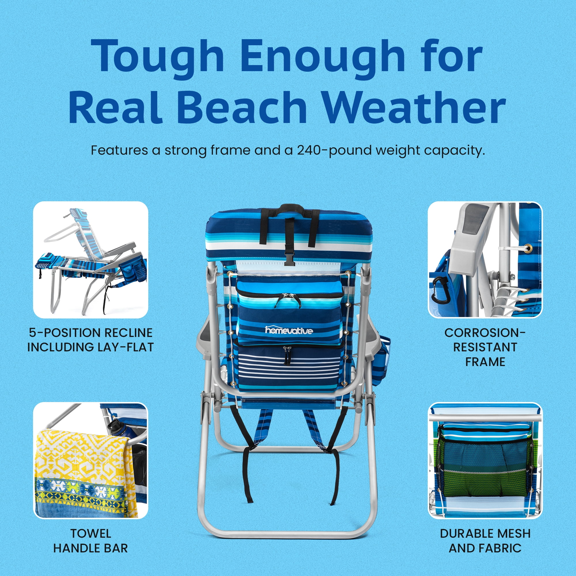 (Tall Chair)  Homevative Folding Backpack High Beach Chair, Towel bar, High Tide