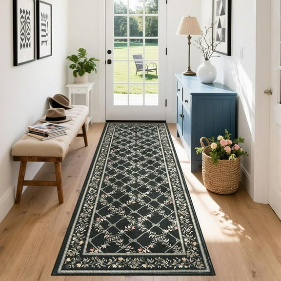 IdealHouse 2'x6' Washable Kitchen Rug, Non-Slip Modern Boho Floral Low Pile Carpet for Bathroom, Bedroom, Entryway, Stain Resistant, Black