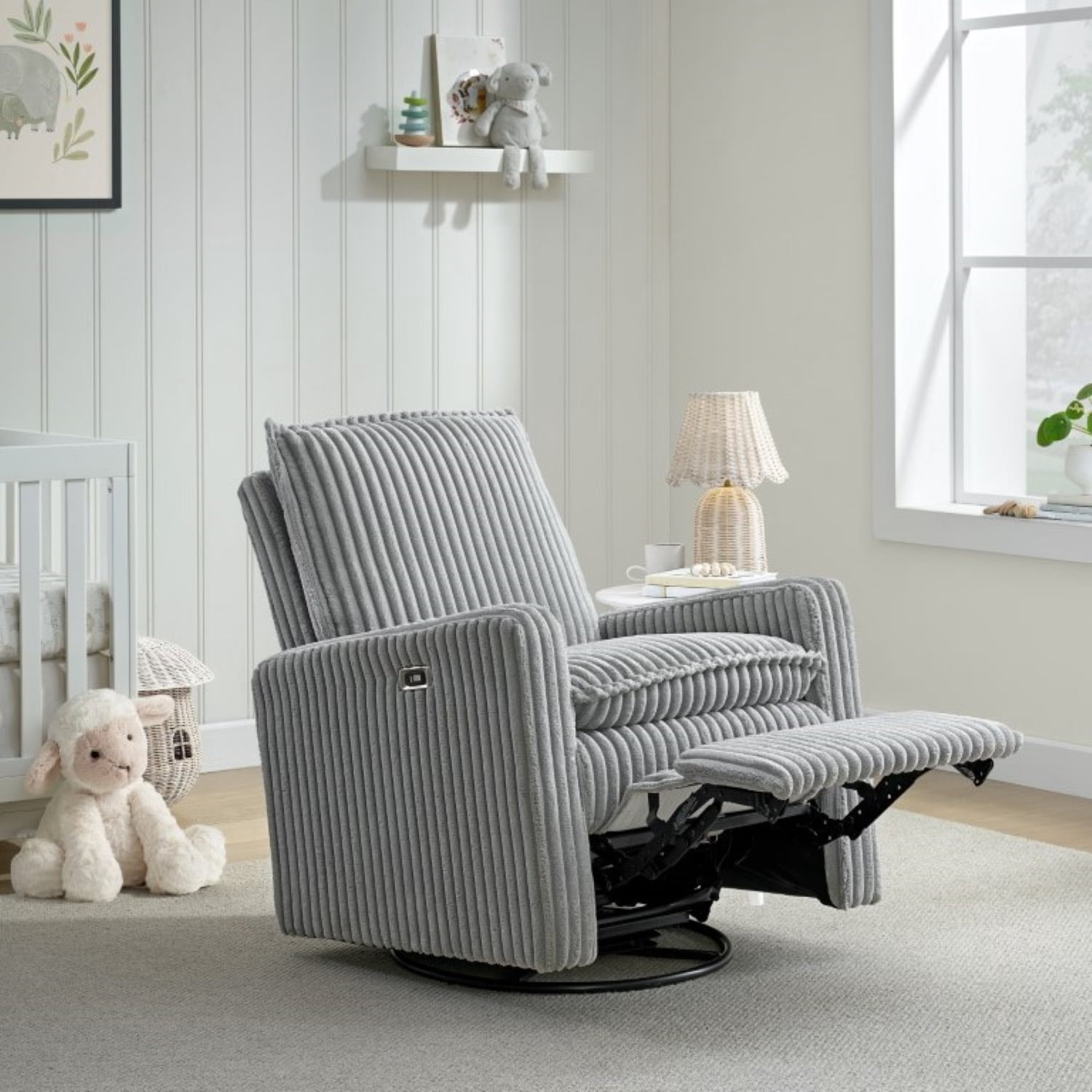 Oxford Baby Uptown Power Upholstered Glider Recliner Rocking Chair 270° Swivel for Nursery and Living Room – Corduroy Ash Gray​