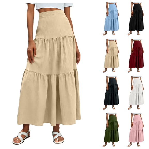 LIBRCLO Skirts for Women Maxi Length Button Solid Color Skirts with Pocket High Waist Elegant Pleated
