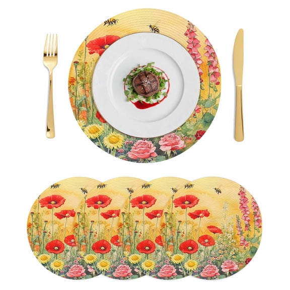 Poppy Botanical Round 15 Inch Placemats Set of 4, Vintage Floral Yellow Ombre HeatResistant Non Slip Place Mats for Dining Table, Wipeable Braided Kitchen Table Mats for Housewarming