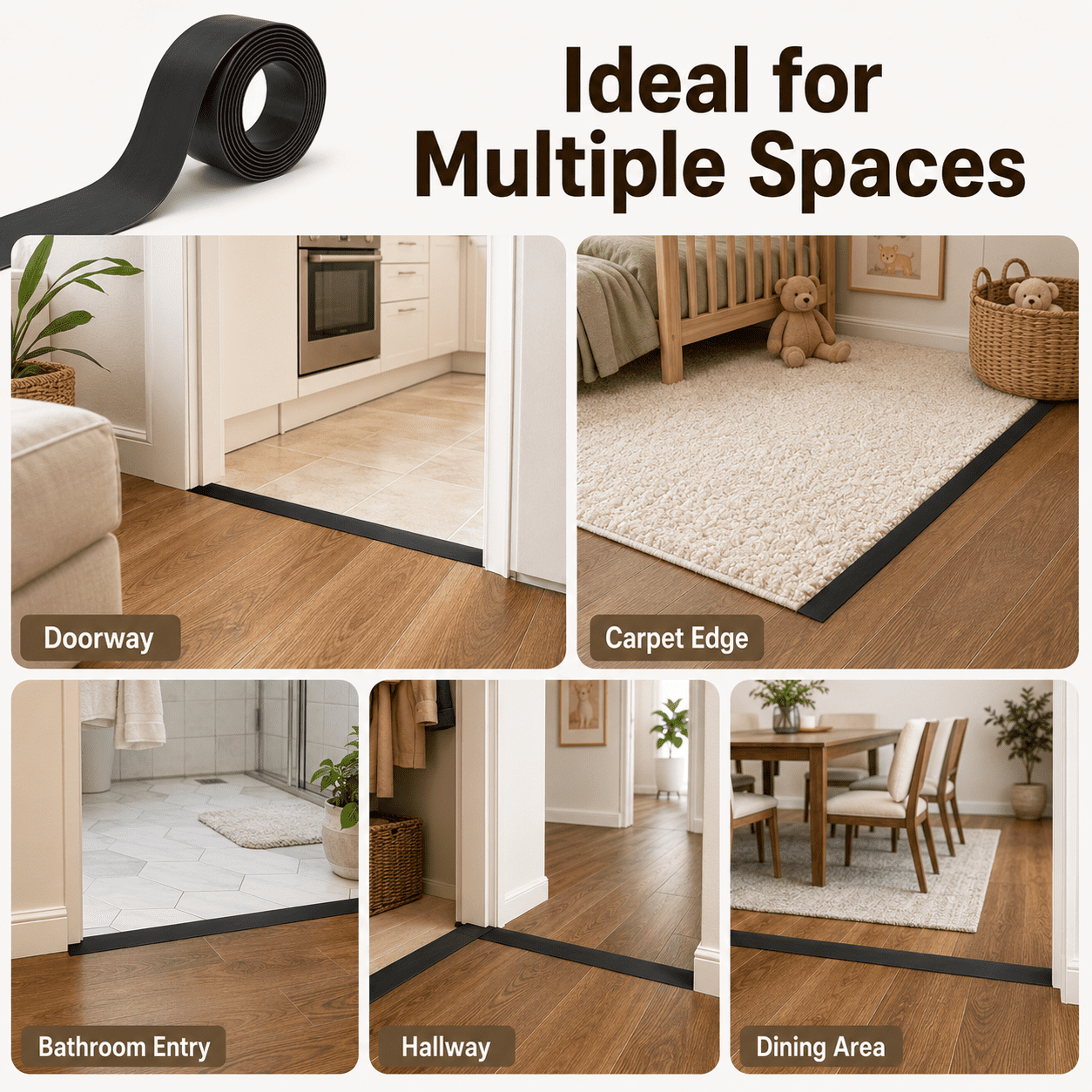 Yeslife 1 pc Self Adhesive Floor Transition Strip, 10 ft x 1.57 in, Black Vinyl, Flexible Waterproof Gap Cover for Laminate, Tile and Carpet Flooring