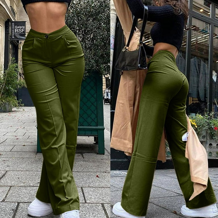 Women's Pant Women's Fit Straight Leg Suit Pant Solid Color Office Business  Work Pants Green M 