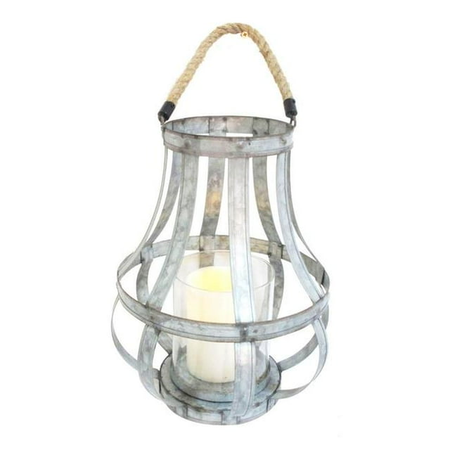 Benjara BM206709 Transitional Metal Candle Holder with Rope & Glass Shade - Gray