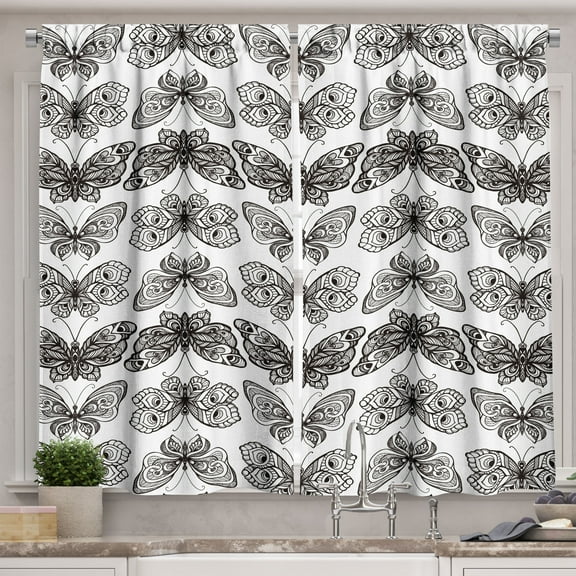 Ambesonne Moth Kitchen Curtains, Monochrome Bohemian Butterfly, 55"x39", Charcoal Grey and White