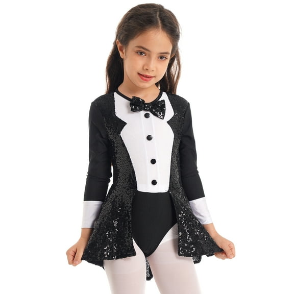 TiaoBug Kids Girls Sequins Circus Ringmaster Tuxedos Ballet Latin Dance Leotard Jazz Performance Dance Costume Black 14