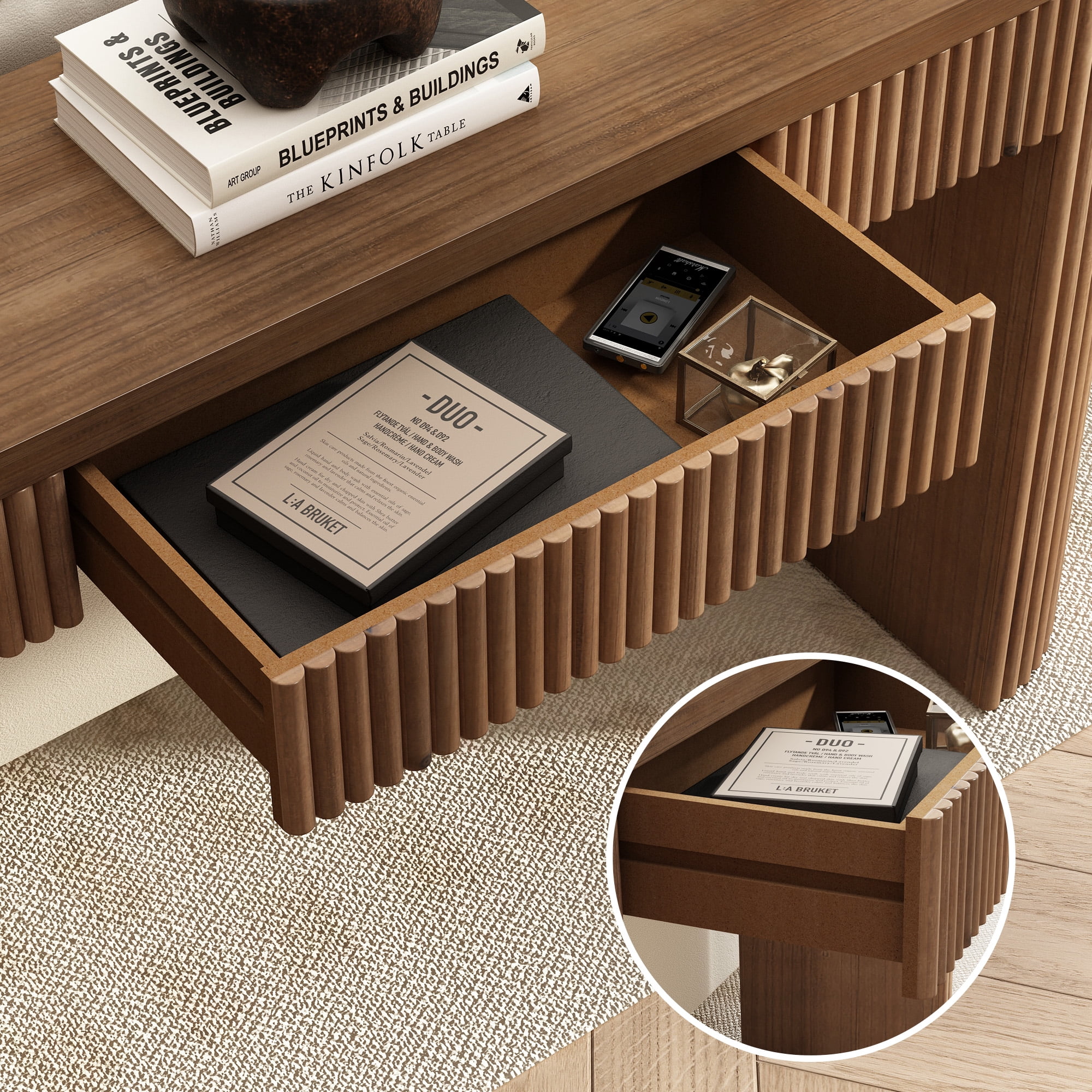 55'' Solid Wood Fluted Console Table with Drawer, Narrow Entryway Table Behind Couch for Living Room Hallway, Brown