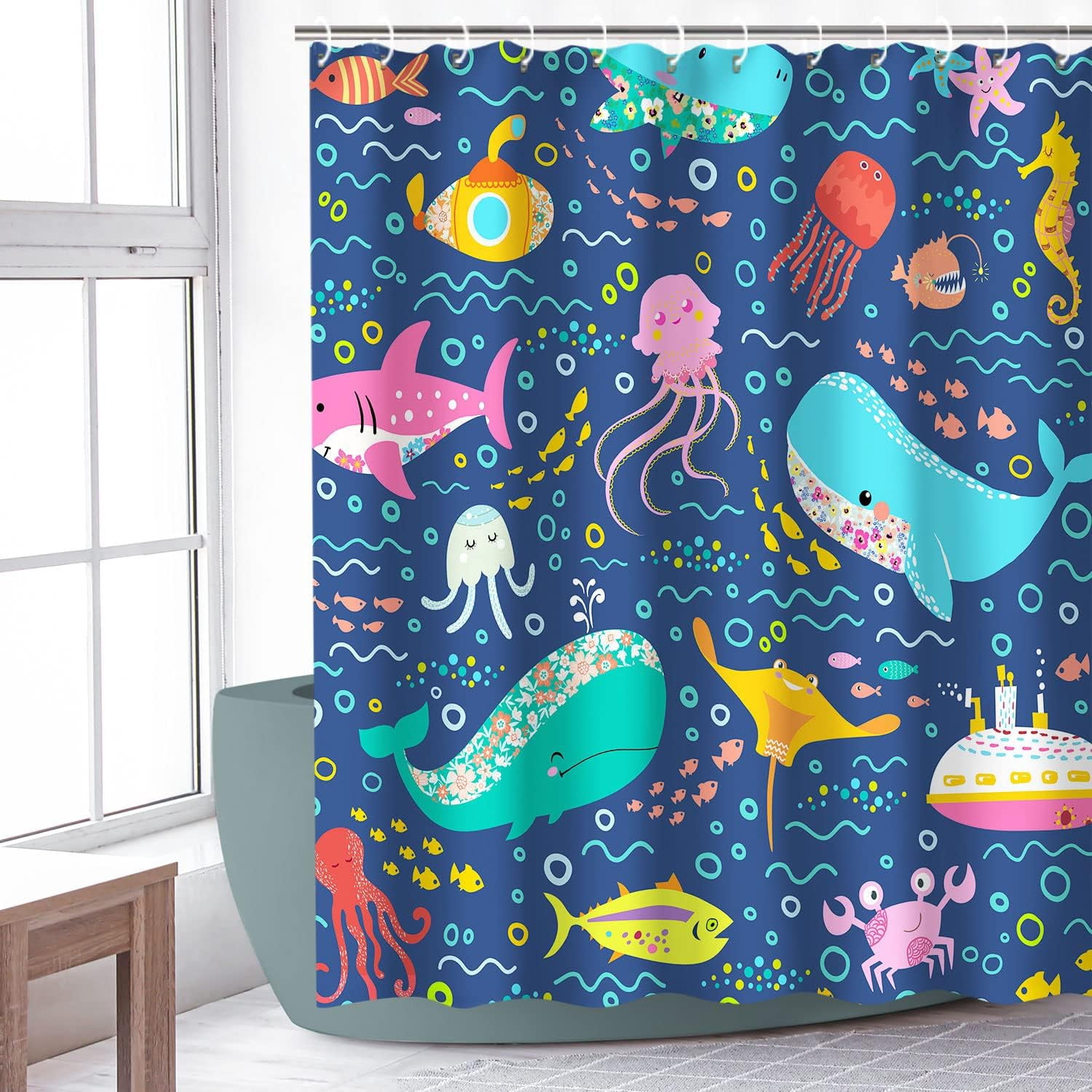 Fish Shower Curtain, Kids Shower Curtains Set with 12 Hooks, Whale Shower Curtain, Sea Animal Bathroom Decor Curtain for Girls and Boys, 72 ''''W x72 ''''H