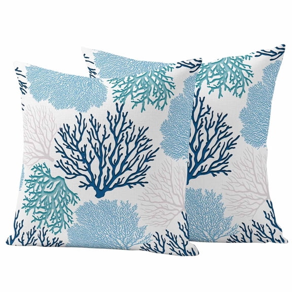 2 Pack Outdoor Waterproof Throw Pillow Covers,Classic Sea Blue Coral Decorative Square Pillow Case Patio Pillowcases for Chair Couch Sofa 16x16in
