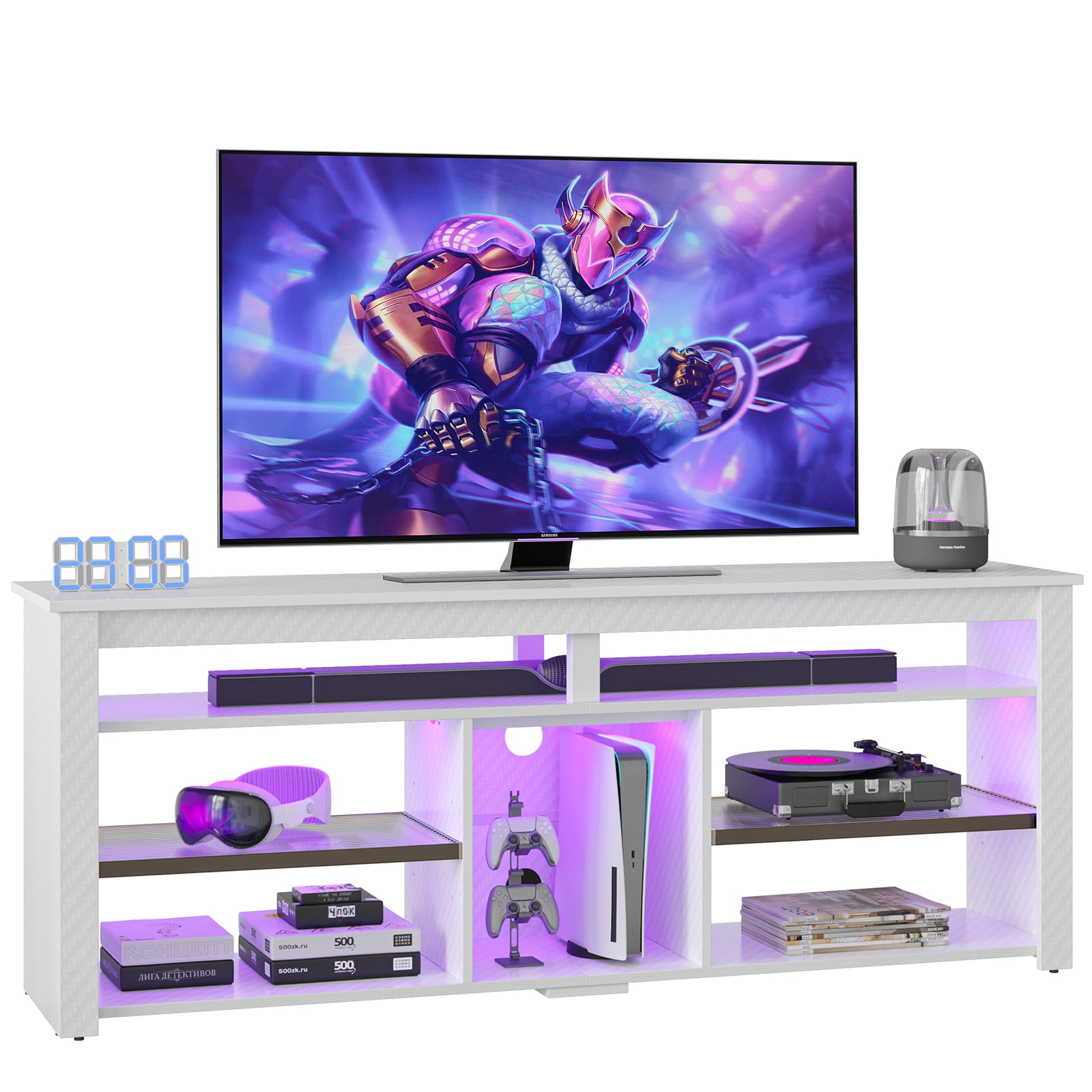 Bestier 63" Tall TV Stand with LED Lights, Entertainment Center for TV up to 70 inch, TV Console with Storage & Adjustable Shelves in White Carbon Fiber