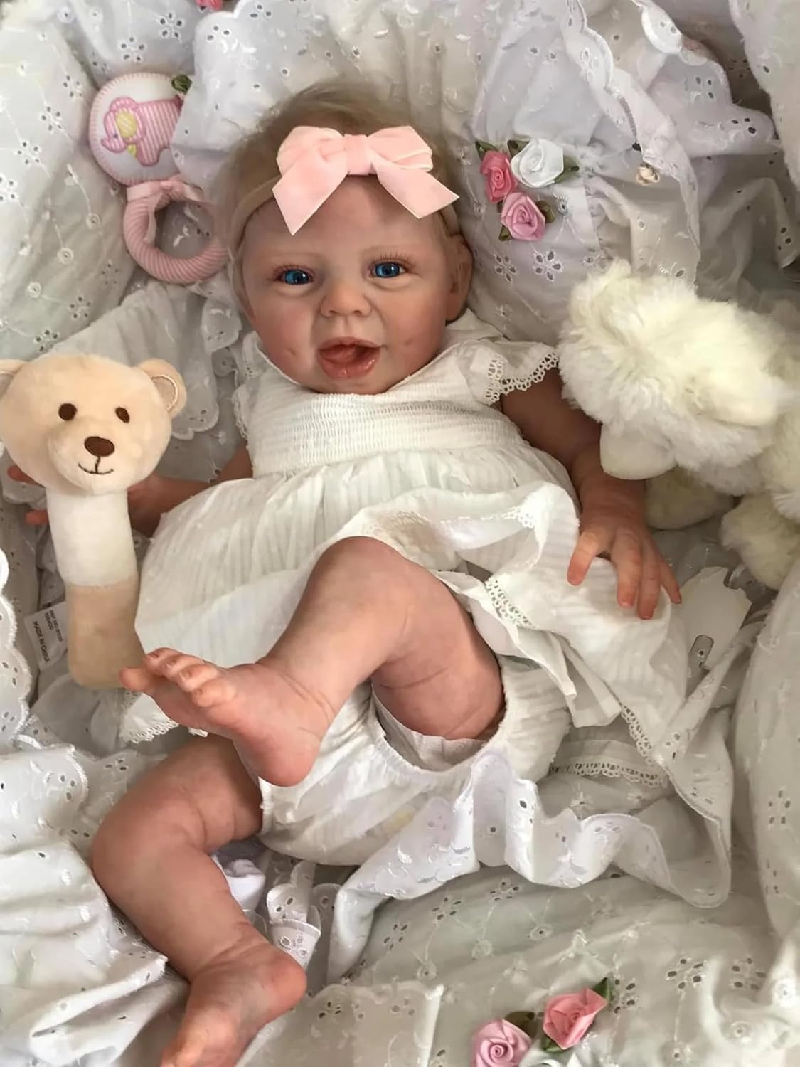 22 Inch Reborn Dolls Realistic Newborn Babies Cute Happy Dolls Looks Real Life Lifelike Baby Doll Soft Cloth Body Weighted Doll Blonde Hair for Gift