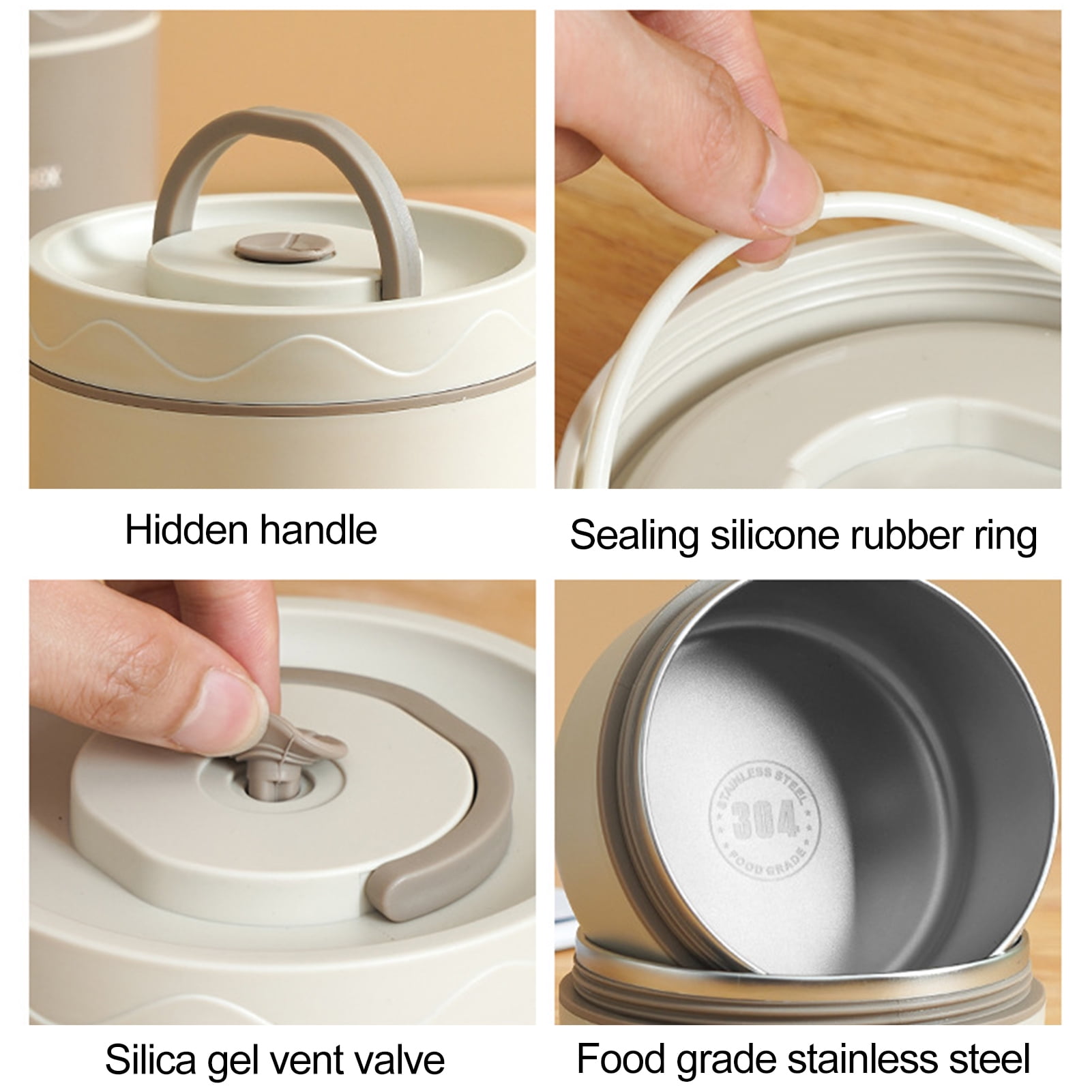 Lunch Box Containers - 1/2/3/4Pcs Lunch Box Round Shape Sealing Silicone Rubber Ring High Capacity Leak Proof 3H Heat Preservation Time Food Storage Food-Grade Stainless Steel Insulation Bento Box
