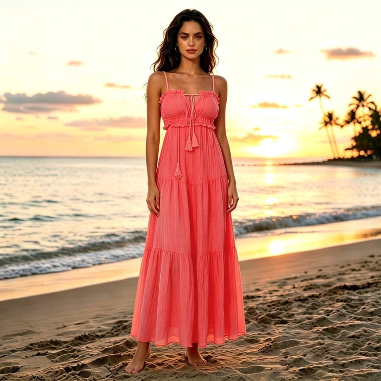 Khonts Women's Spaghetti Strap Maxi Dress Summer Sleeveless Side Cut out Dress Casual Boho Backless Flowy Long Dresses Red XXL, Size: 2XL